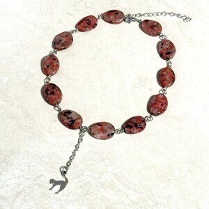 Genuine Black Pink Rhodonite Short Lariat Necklace, Gemstone & Cute Slim Cat